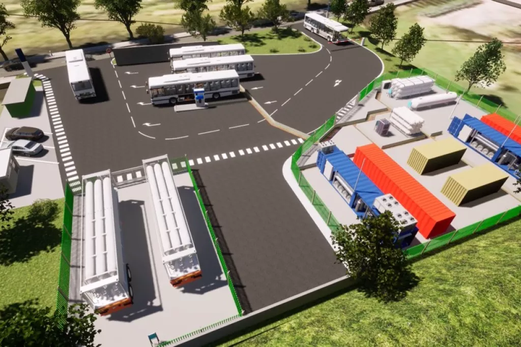 Station hydrogène pour bus avec zones de ravitaillement, stockage et camions-citernes.